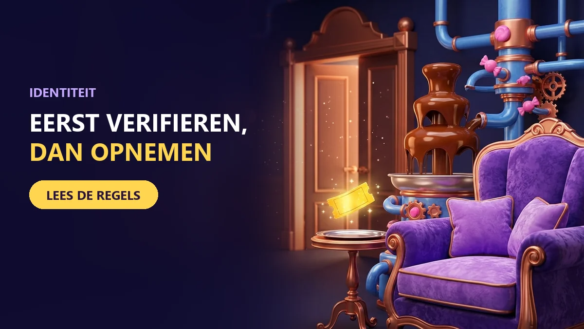 gouden ticket bij een paarse fauteuil en een deur voor de identiteitscontrole bij chocospin