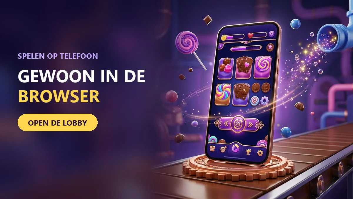 smartphone met het casino van chocospin op een lopende band in een chocoladefabriek